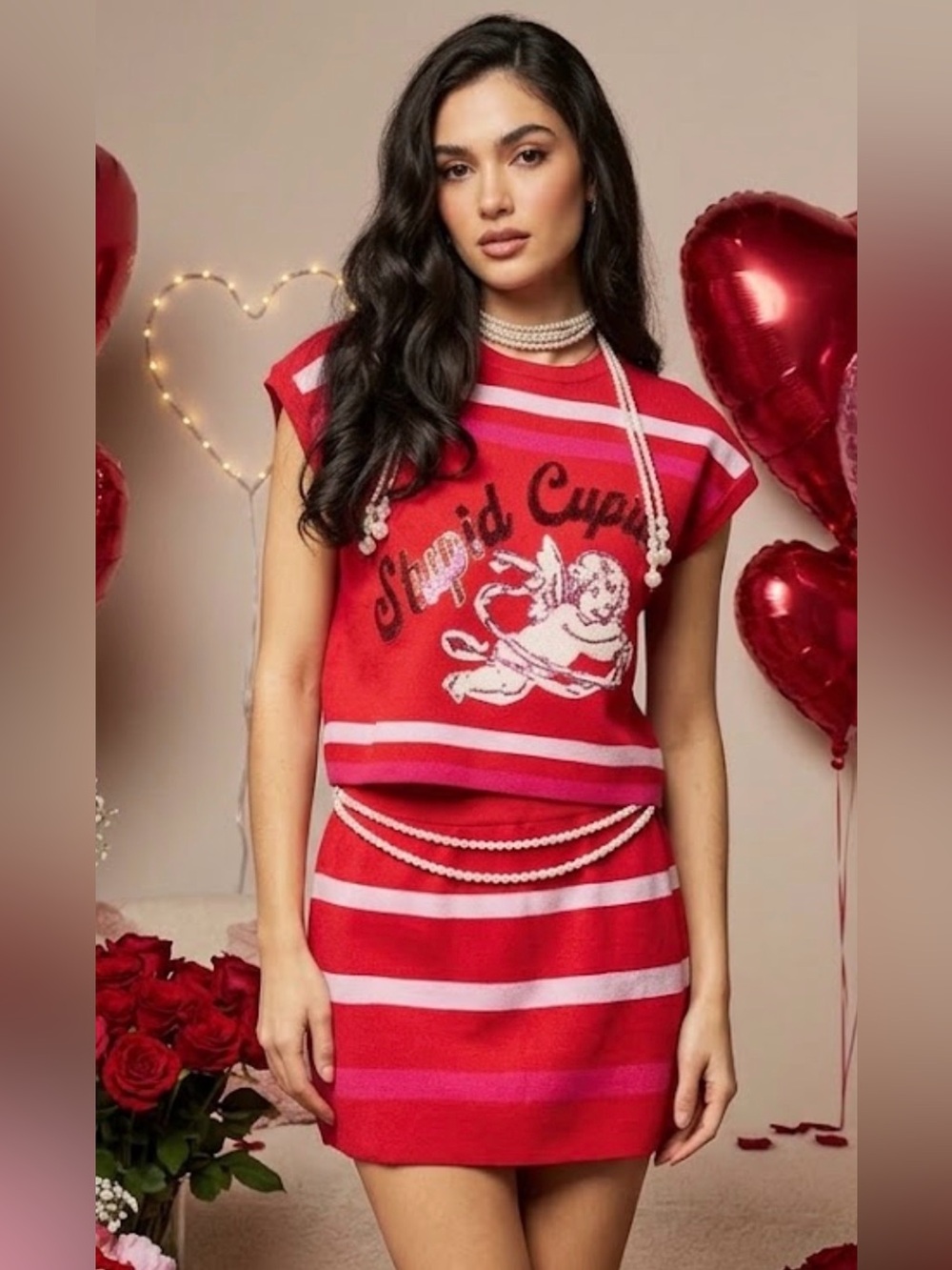 New! SET! QUEEN OF SPARKLES Red and Pink Stupid Cupid Knit Set